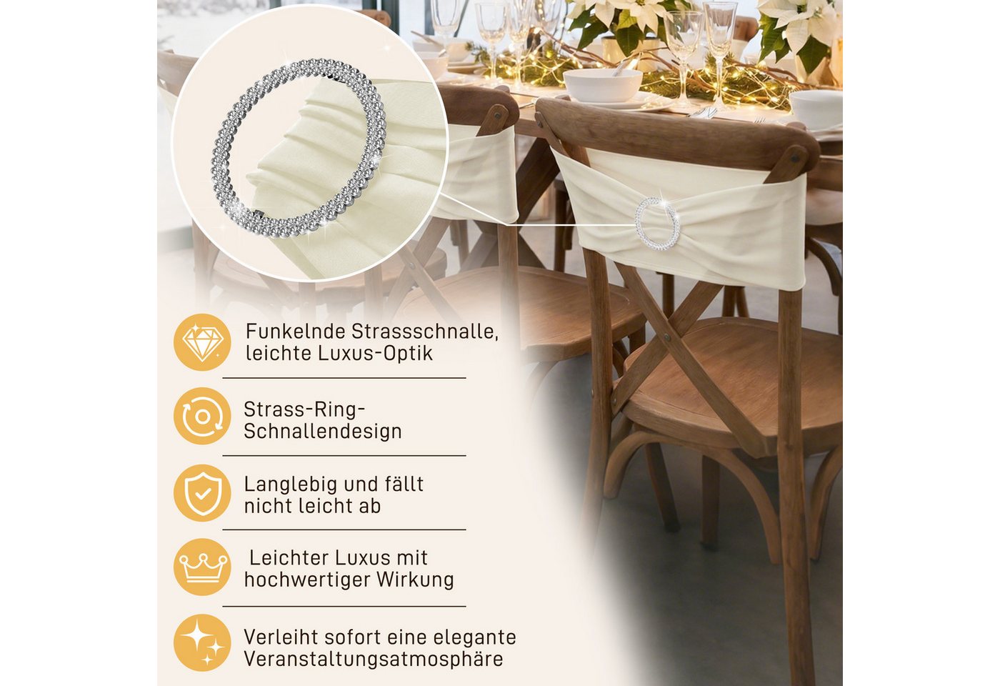 FIVMEN Hussen-Set Stuhlschleifen Elastische Stuhlbänder Schleife & Schiebeschnalle, bis max.50cm Dehnlänge für Feier Hotel Party Dekoration 10er/30er – Bild 4 von 5