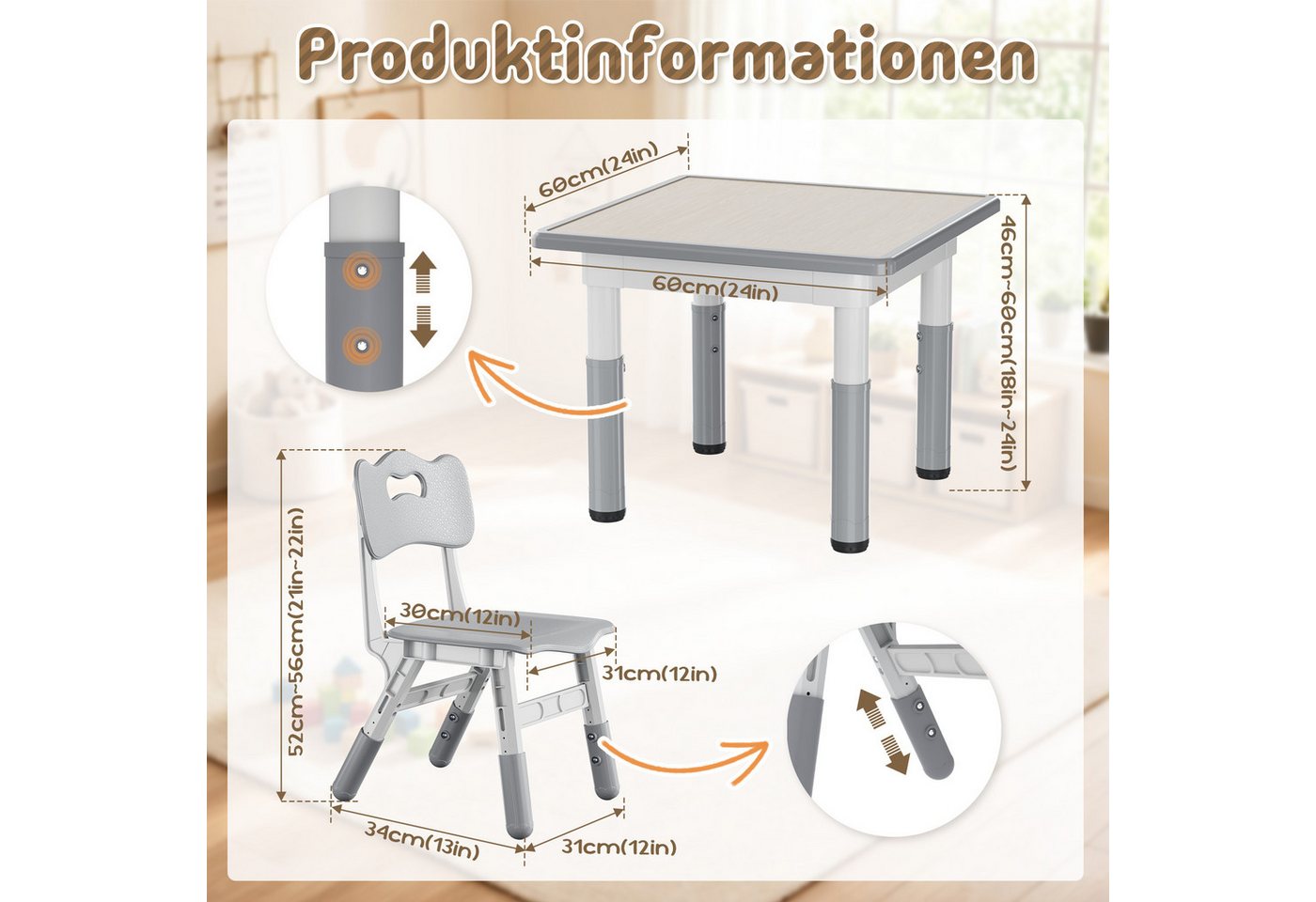 FIVMEN Kindersitzgruppe Kindertisch 2 Stühlen Set Höhenverstellbar Kinder Tisch Stuhl Set,Grau – Bild 2 von 5