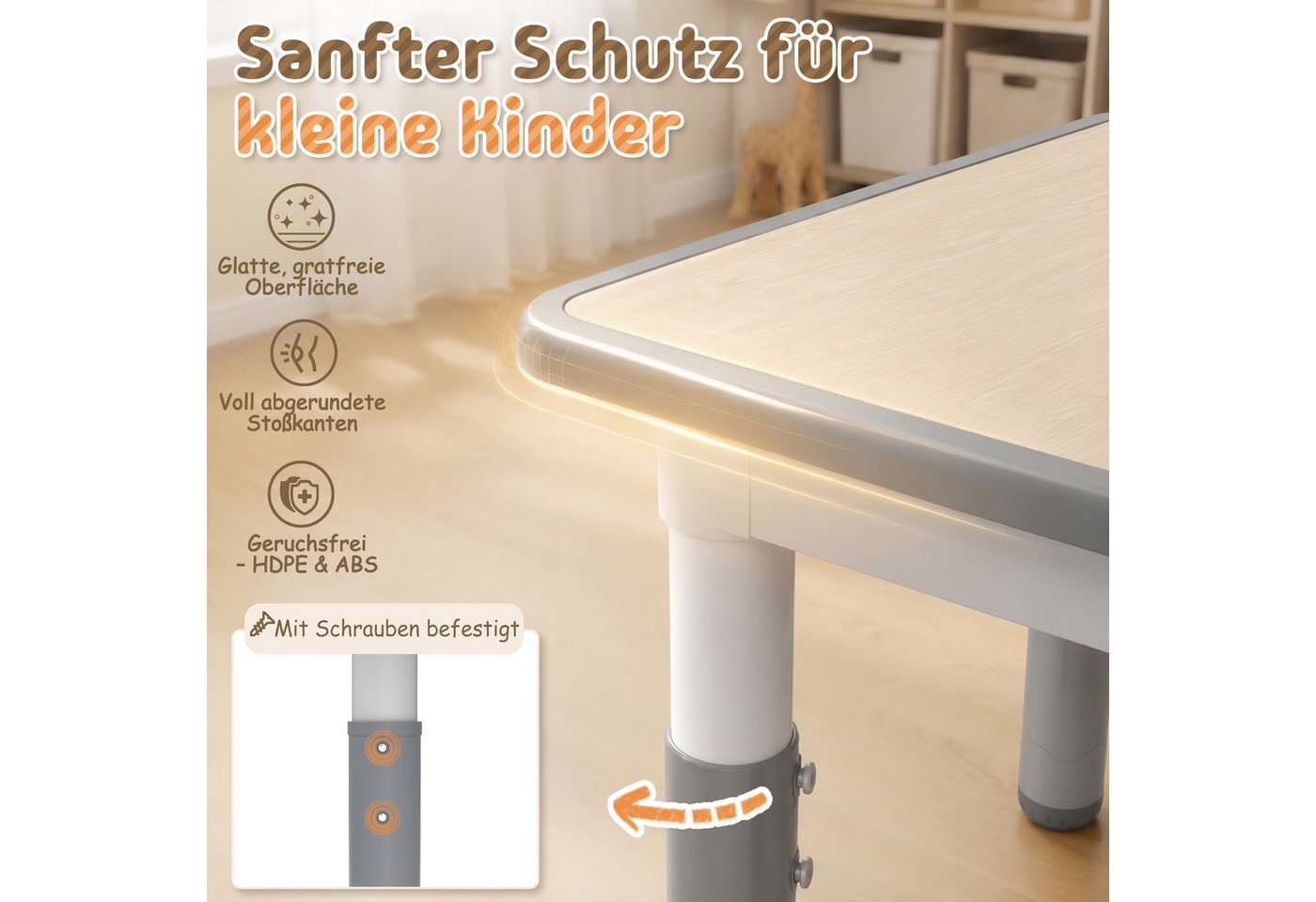 FIVMEN Kindersitzgruppe Kindertisch 2 Stühlen Set Höhenverstellbar Kinder Tisch Stuhl Set,Grau – Bild 3 von 5