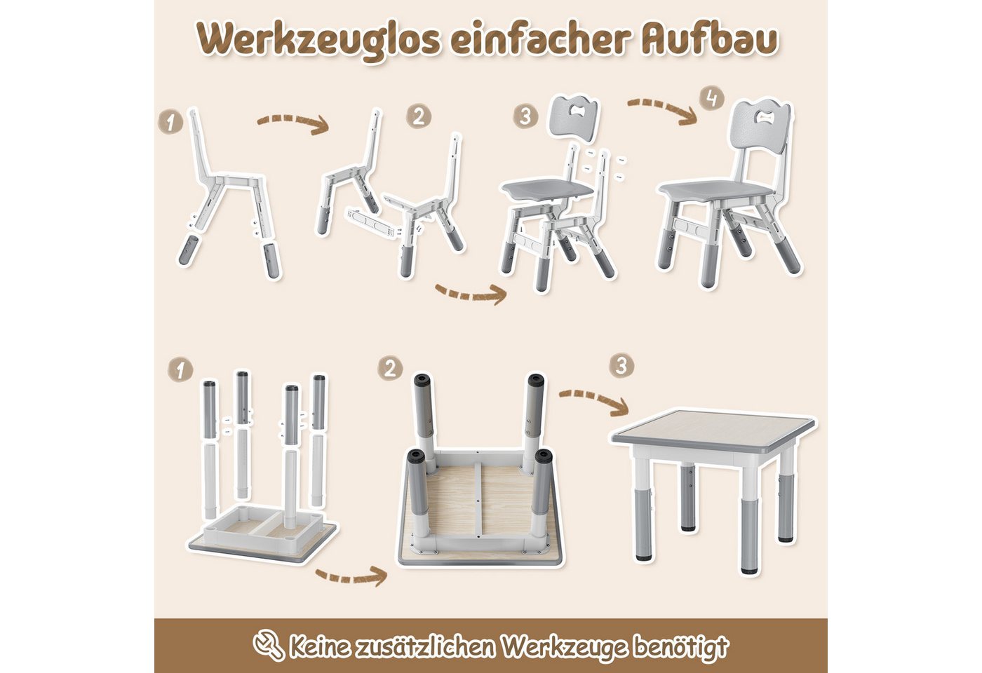 FIVMEN Kindersitzgruppe Kindertisch 2 Stühlen Set Höhenverstellbar Kinder Tisch Stuhl Set,Grau – Bild 4 von 5