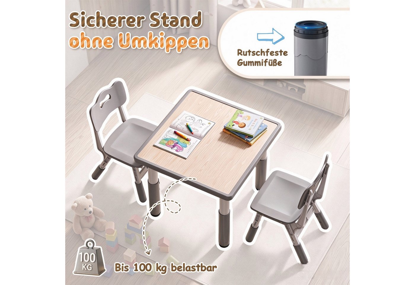 FIVMEN Kindersitzgruppe Kindertisch 2 Stühlen Set Höhenverstellbar Kinder Tisch Stuhl Set,Grau – Bild 5 von 5