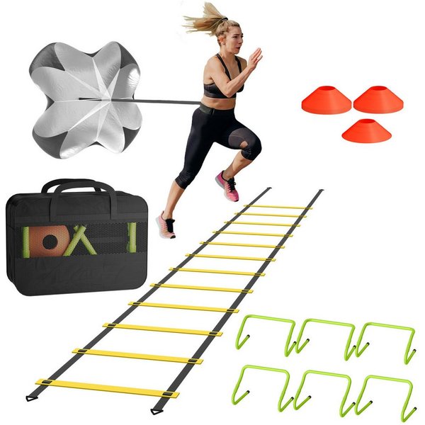 FIVMEN Koordinationsleiter Trainingsleiter Fussball Trainingszubehör Trainingshilfe Sport set, mit 12 Scheiben Kegel 6 Hürden 1 Widerstandsfallschirm und Traget