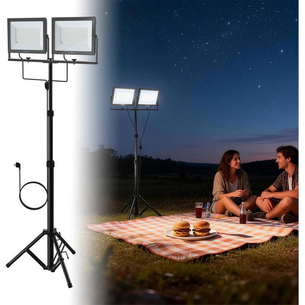 FIVMEN LED Baustrahler Doppel Arbeitsstrahler mit Einstellbar Stativ Arbeitsleuchte mit Kabel, 2*200W, Arbeitsscheinwerfer 360° Grad Drehung Strahler, Kaltweiß