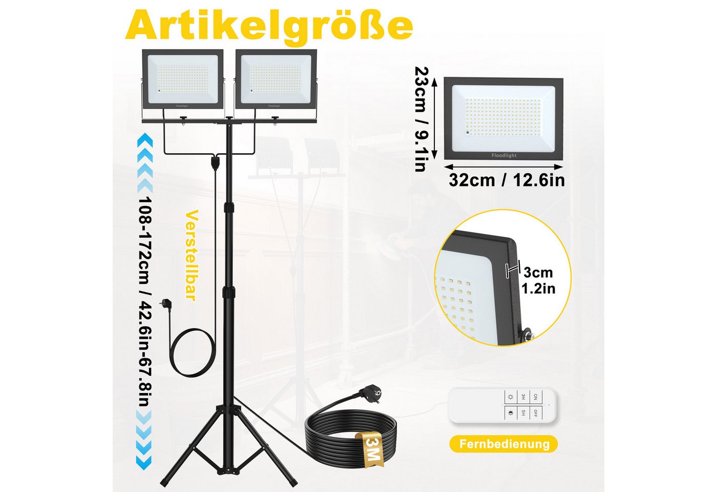 FIVMEN LED Baustrahler Doppel Arbeitsstrahler mit Einstellbar Stativ Arbeitsleuchte mit Kabel, 2*200W, Arbeitsscheinwerfer 360° Grad Drehung Strahler, Kaltweiß – Bild 2 von 5