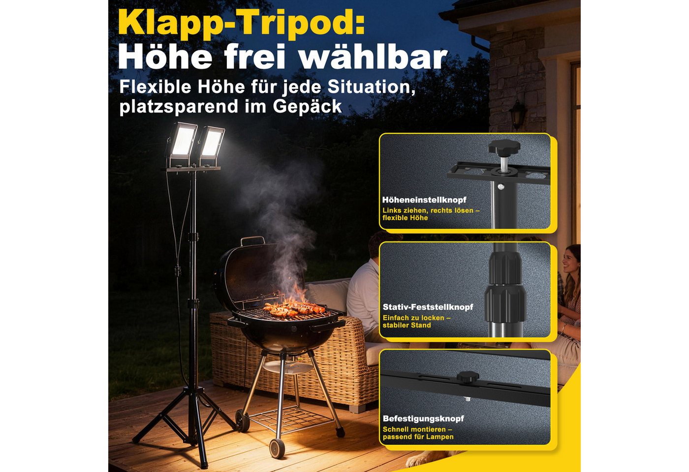 FIVMEN LED Baustrahler Doppel Arbeitsstrahler mit Einstellbar Stativ Arbeitsleuchte mit Kabel, 2*200W, Arbeitsscheinwerfer 360° Grad Drehung Strahler, Kaltweiß – Bild 3 von 5