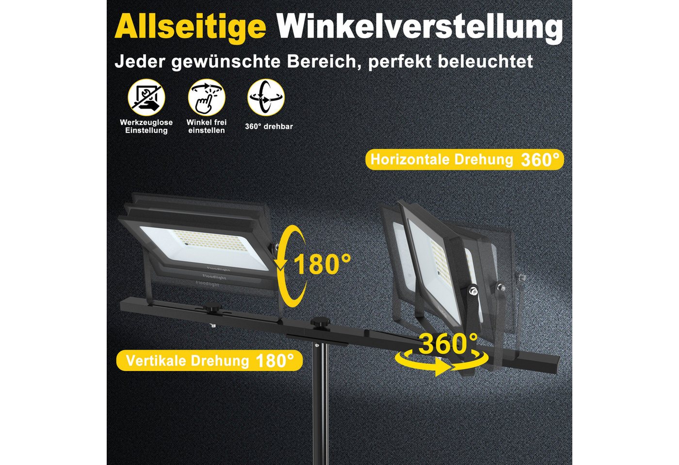 FIVMEN LED Baustrahler Doppel Arbeitsstrahler mit Einstellbar Stativ Arbeitsleuchte mit Kabel, 2*200W, Arbeitsscheinwerfer 360° Grad Drehung Strahler, Kaltweiß – Bild 4 von 5