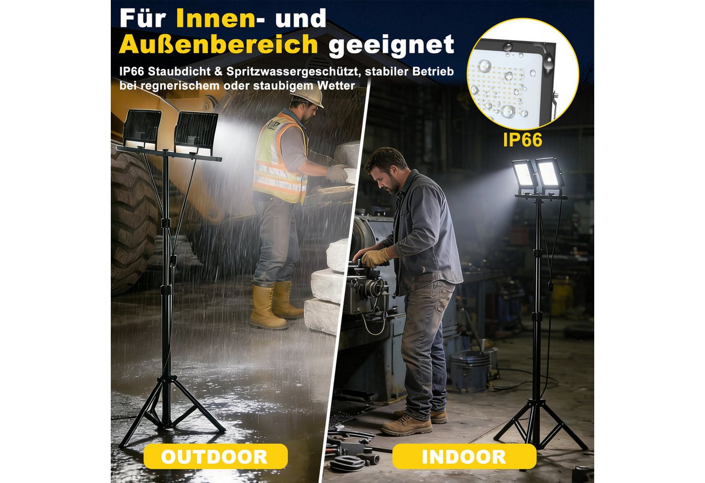 FIVMEN LED Baustrahler Doppel Arbeitsstrahler mit Einstellbar Stativ Arbeitsleuchte mit Kabel, 2*200W, Arbeitsscheinwerfer 360° Grad Drehung Strahler, Kaltweiß – Bild 5 von 5