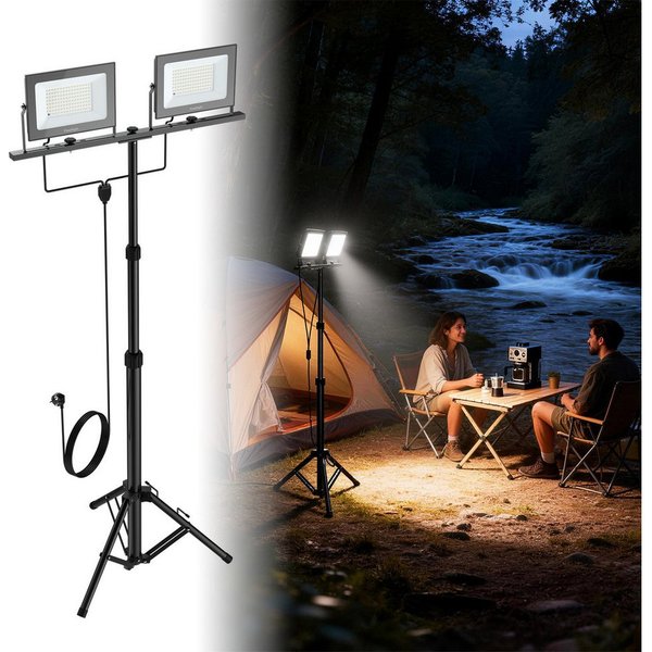 FIVMEN LED Baustrahler Doppel Arbeitsstrahler mit Einstellbar Stativ Arbeitsleuchte mit Kabel, 2*100W, Arbeitsscheinwerfer 360° Grad Drehung Strahler, Kaltweiß