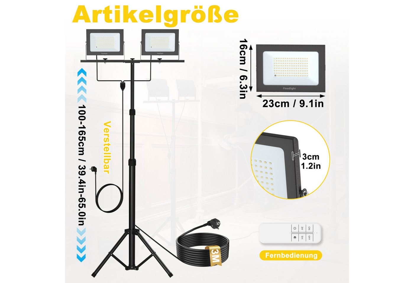 FIVMEN LED Baustrahler Doppel Arbeitsstrahler mit Einstellbar Stativ Arbeitsleuchte mit Kabel, 2*100W, Arbeitsscheinwerfer 360° Grad Drehung Strahler, Kaltweiß – Bild 2 von 5