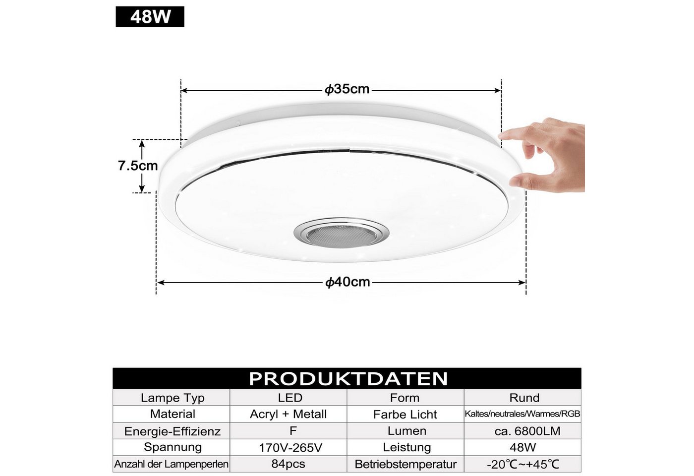 FIVMEN LED Deckenleuchte Deckenlampe 36W/48W Dimmbar Ceiling Light mit Bluetooth Lautsprecher, LED fest integriert – Bild 2 von 5
