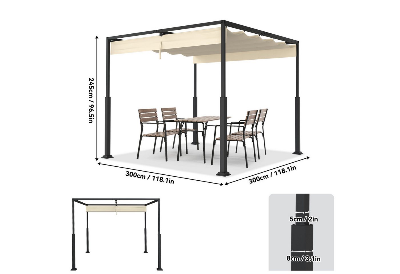 FIVMEN Pergola Gartenpavillon mit Schiebedach Terrassendachung aus Metall – Bild 2 von 5