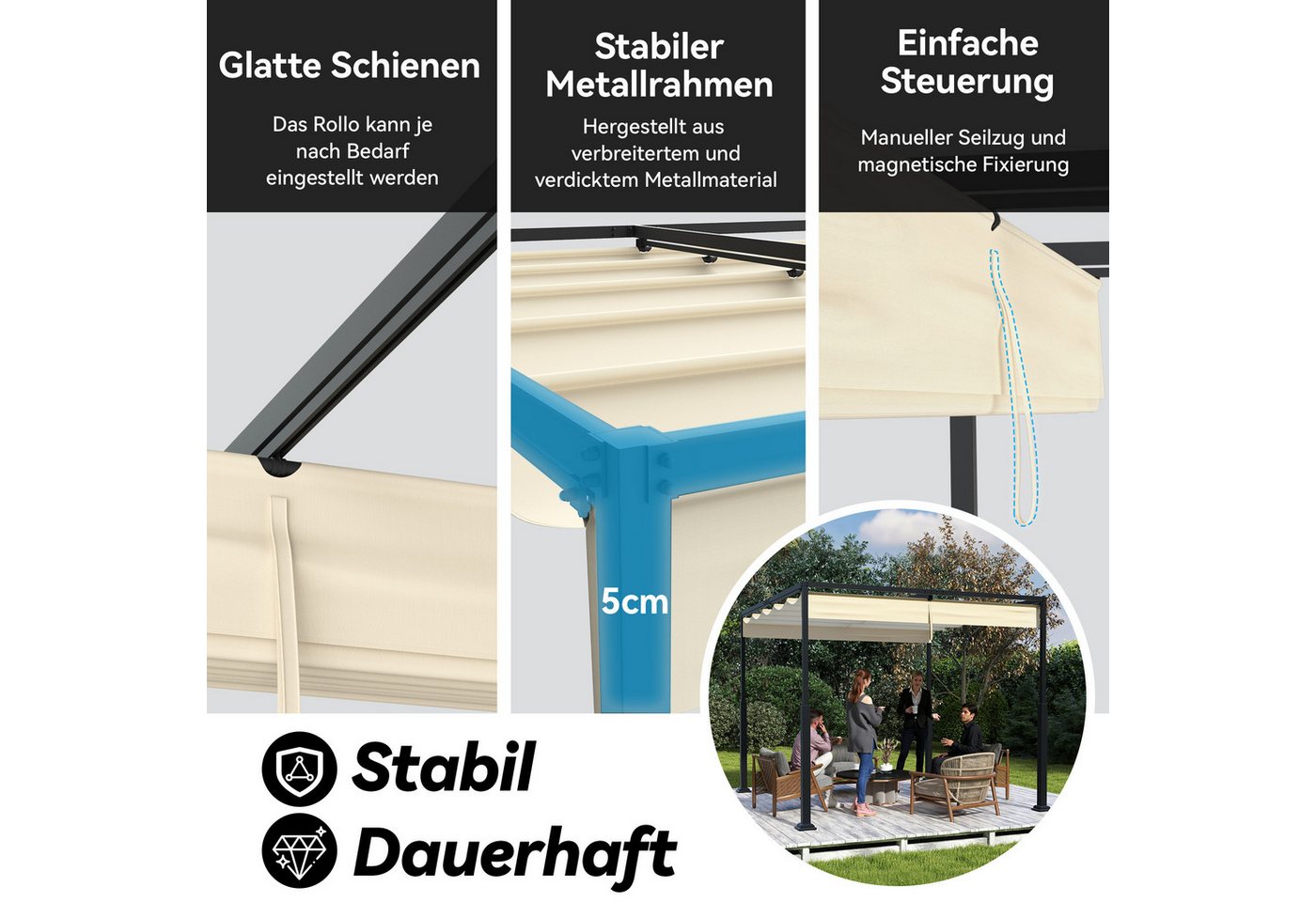 FIVMEN Pergola Gartenpavillon mit Schiebedach Terrassendachung aus Metall – Bild 3 von 5