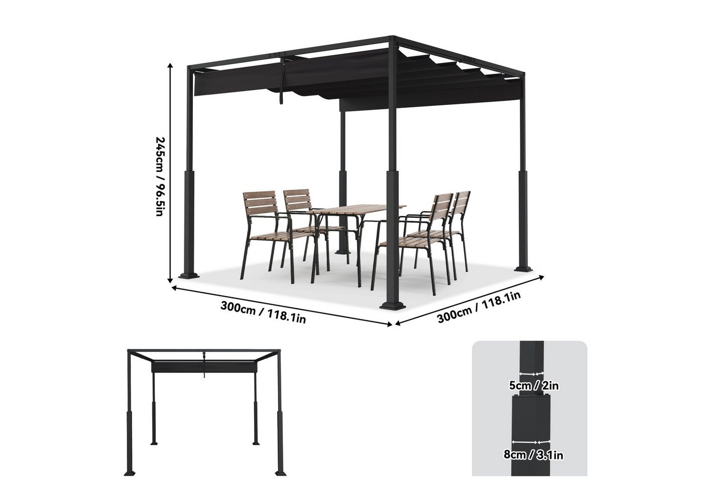 FIVMEN Pergola Gartenpavillon mit Schiebedach Terrassendachung aus Metall – Bild 2 von 5