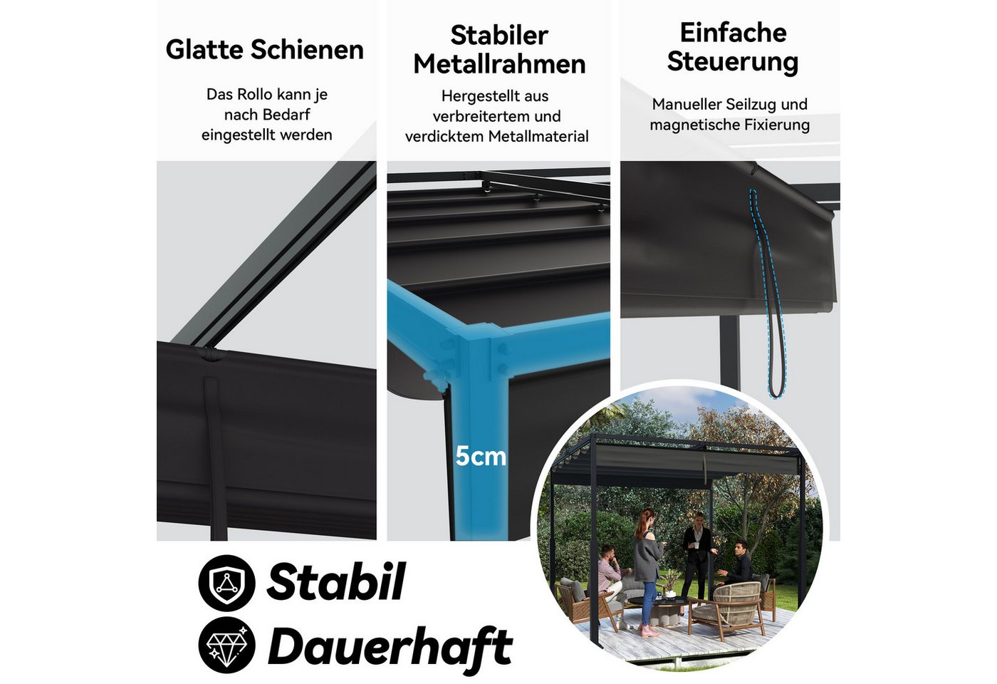 FIVMEN Pergola Gartenpavillon mit Schiebedach Terrassendachung aus Metall – Bild 3 von 5