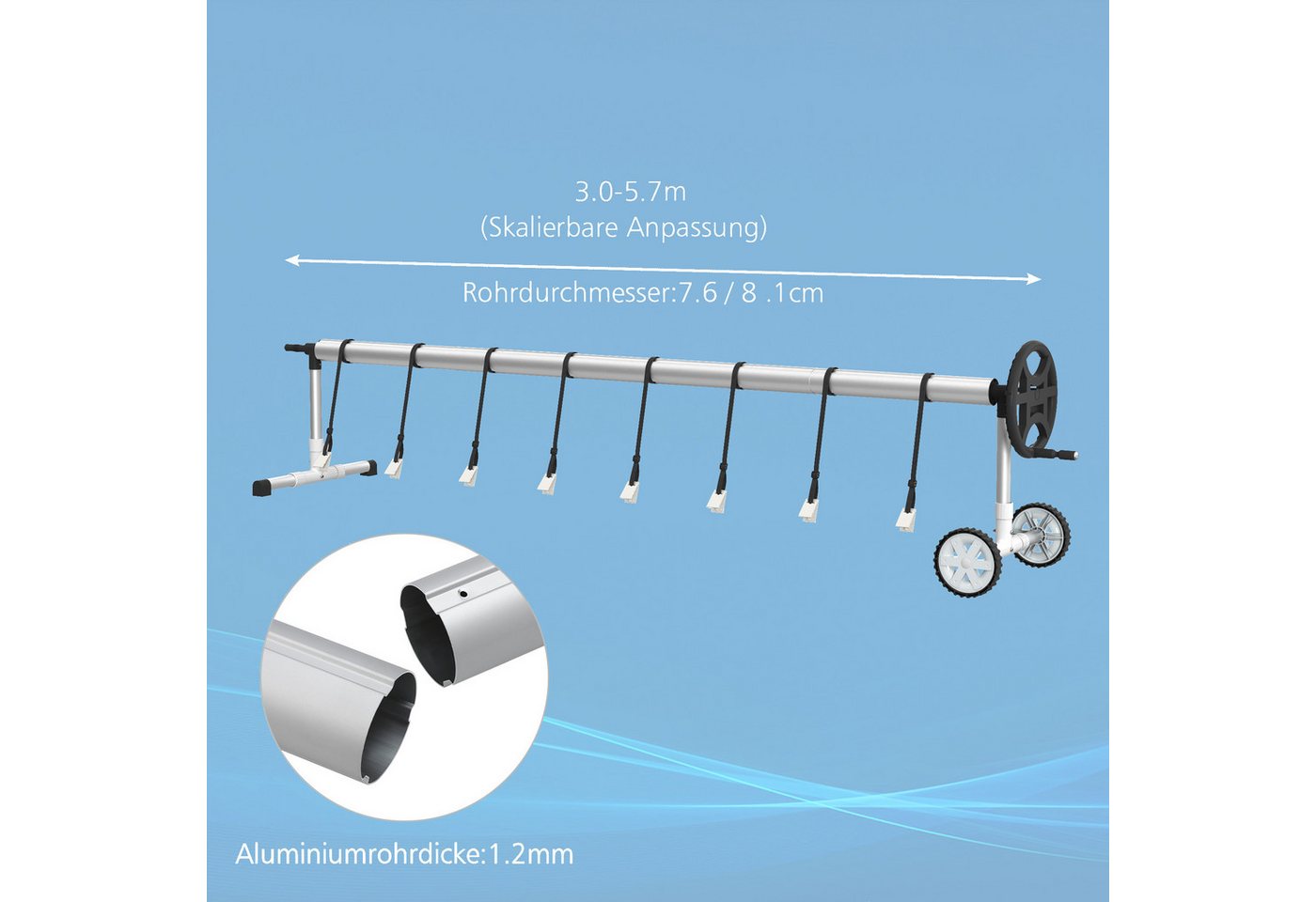 FIVMEN Pool-Abdeckplane Aufroller Poolfolienaufroller Aufrollsystem Aufrollvorrichtung 3-5,70m (1-St), inkl. Befestigung und Rollen für folien, Pool Planen und  – Bild 2 von 5