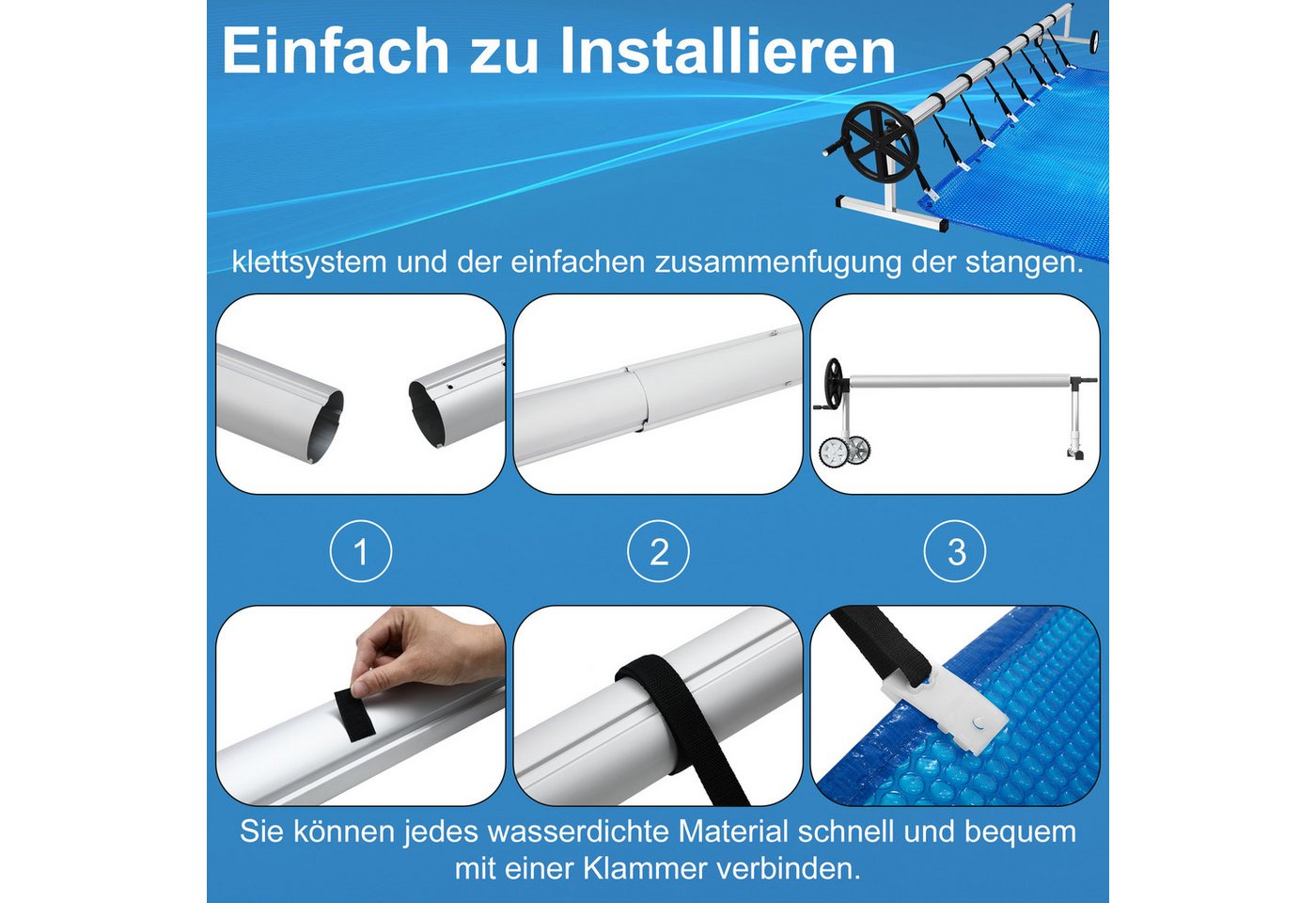 FIVMEN Pool-Abdeckplane Aufroller Poolfolienaufroller Aufrollsystem Aufrollvorrichtung 3-5,70m (1-St), inkl. Befestigung und Rollen für folien, Pool Planen und  – Bild 3 von 5