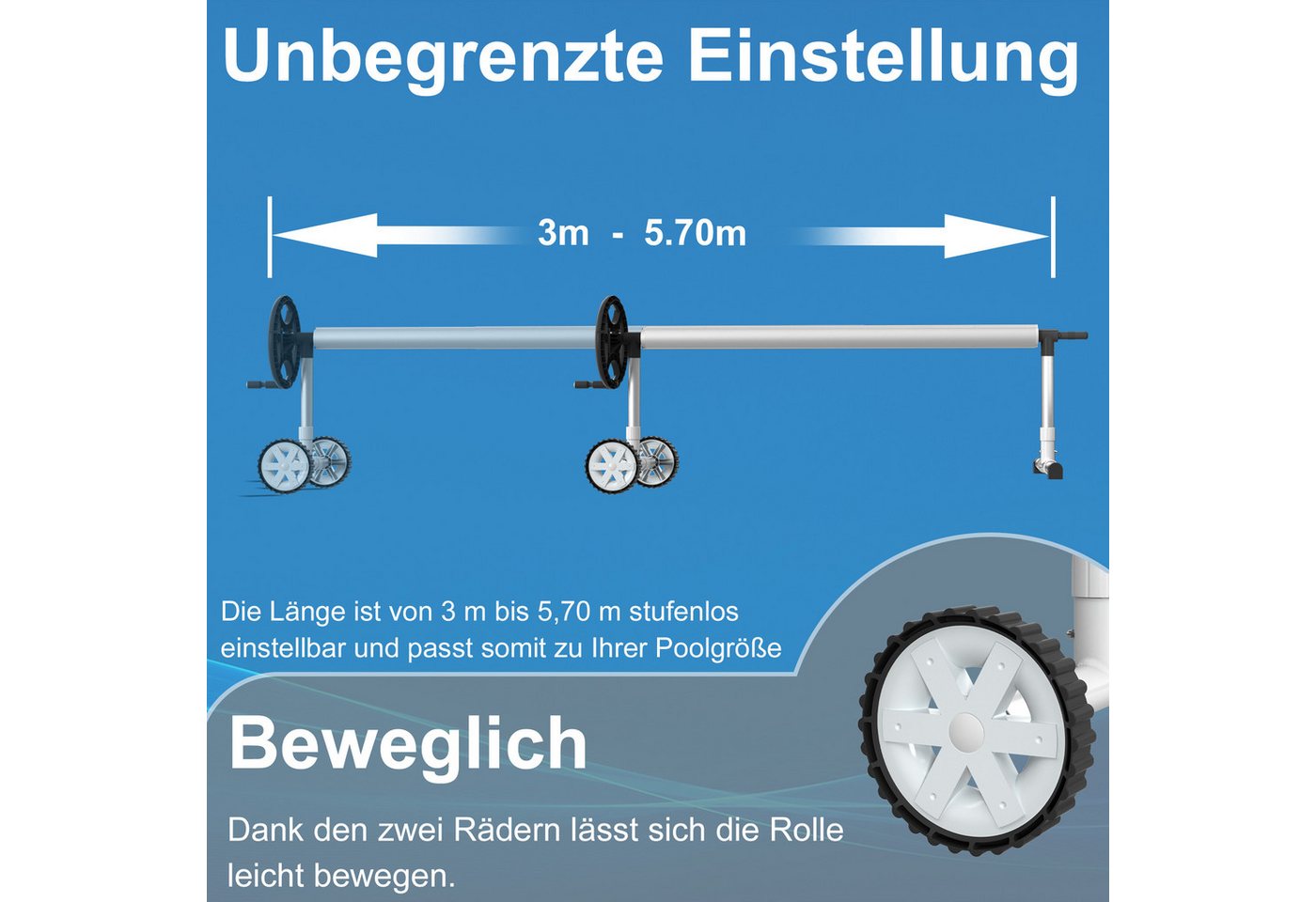 FIVMEN Pool-Abdeckplane Aufroller Poolfolienaufroller Aufrollsystem Aufrollvorrichtung 3-5,70m (1-St), inkl. Befestigung und Rollen für folien, Pool Planen und  – Bild 5 von 5