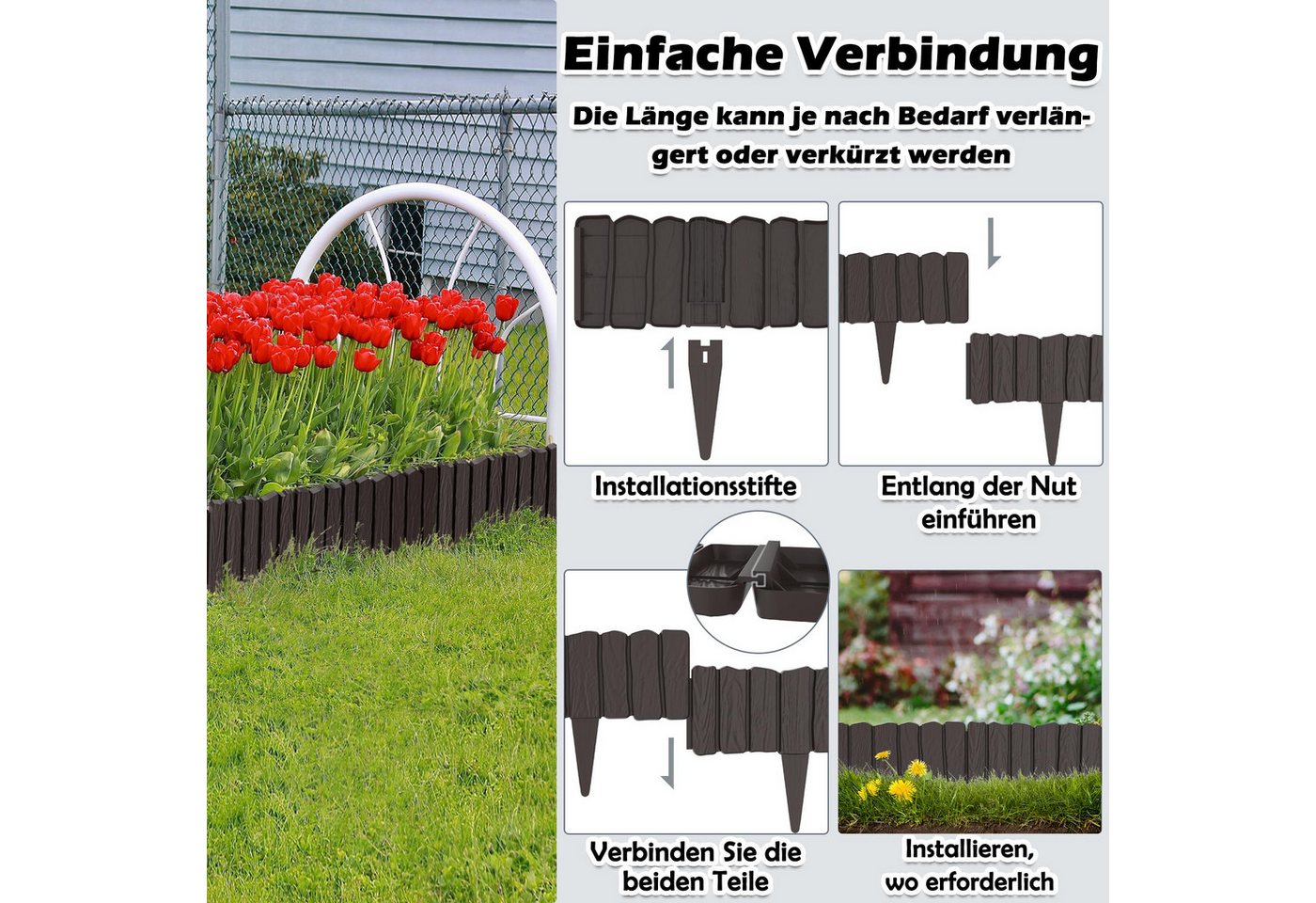 FIVMEN Rasenkante 2,3m/4,6m Rasenkanten Kunststoff Beeteinfassung in Holzimitation, Anthrazit/Braun/Grau, Beetumrandung Mähkante 4/8 stücke Randsteine Palisaden – Bild 3 von 5