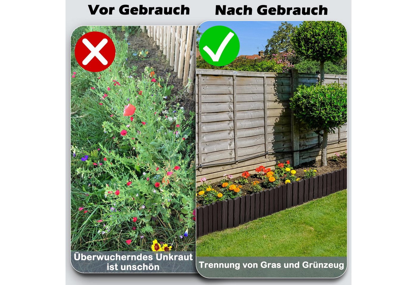 FIVMEN Rasenkante 2,3m/4,6m Rasenkanten Kunststoff Beeteinfassung in Holzimitation, Anthrazit/Braun/Grau, Beetumrandung Mähkante 4/8 stücke Randsteine Palisaden – Bild 5 von 5