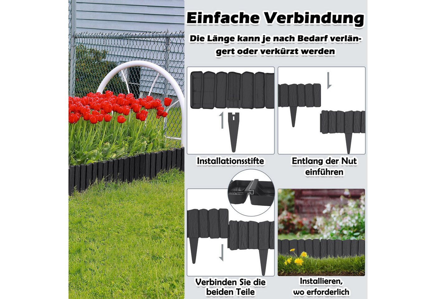 FIVMEN Rasenkante 2,3m/4,6m Rasenkanten Kunststoff Beeteinfassung in Holzimitation, Anthrazit/Braun/Grau, Beetumrandung Mähkante 4/8 stücke Randsteine Palisaden – Bild 3 von 5