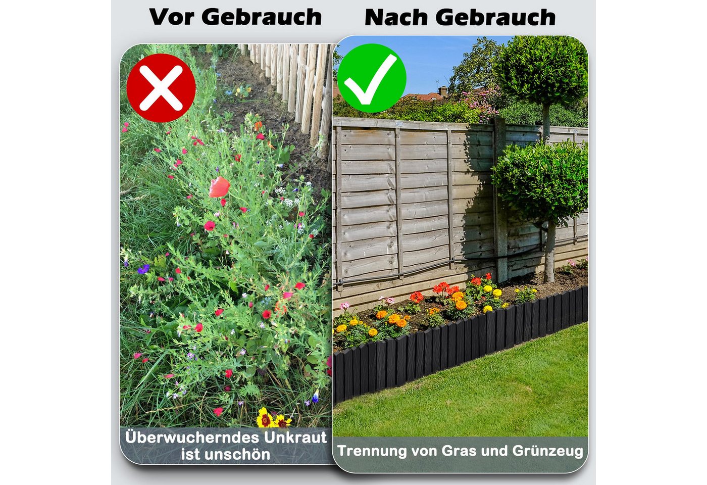 FIVMEN Rasenkante 2,3m/4,6m Rasenkanten Kunststoff Beeteinfassung in Holzimitation, Anthrazit/Braun/Grau, Beetumrandung Mähkante 4/8 stücke Randsteine Palisaden – Bild 5 von 5