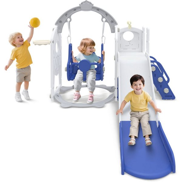 FIVMEN Rutsche 6-in-1 Kinderrutsche, Gartenrutsche Breite Stufen und Griffe, (Freistehende Rutsche aus HDPE & PP, mit Schaukel, Kletterleiter, Stauraum, Basketb