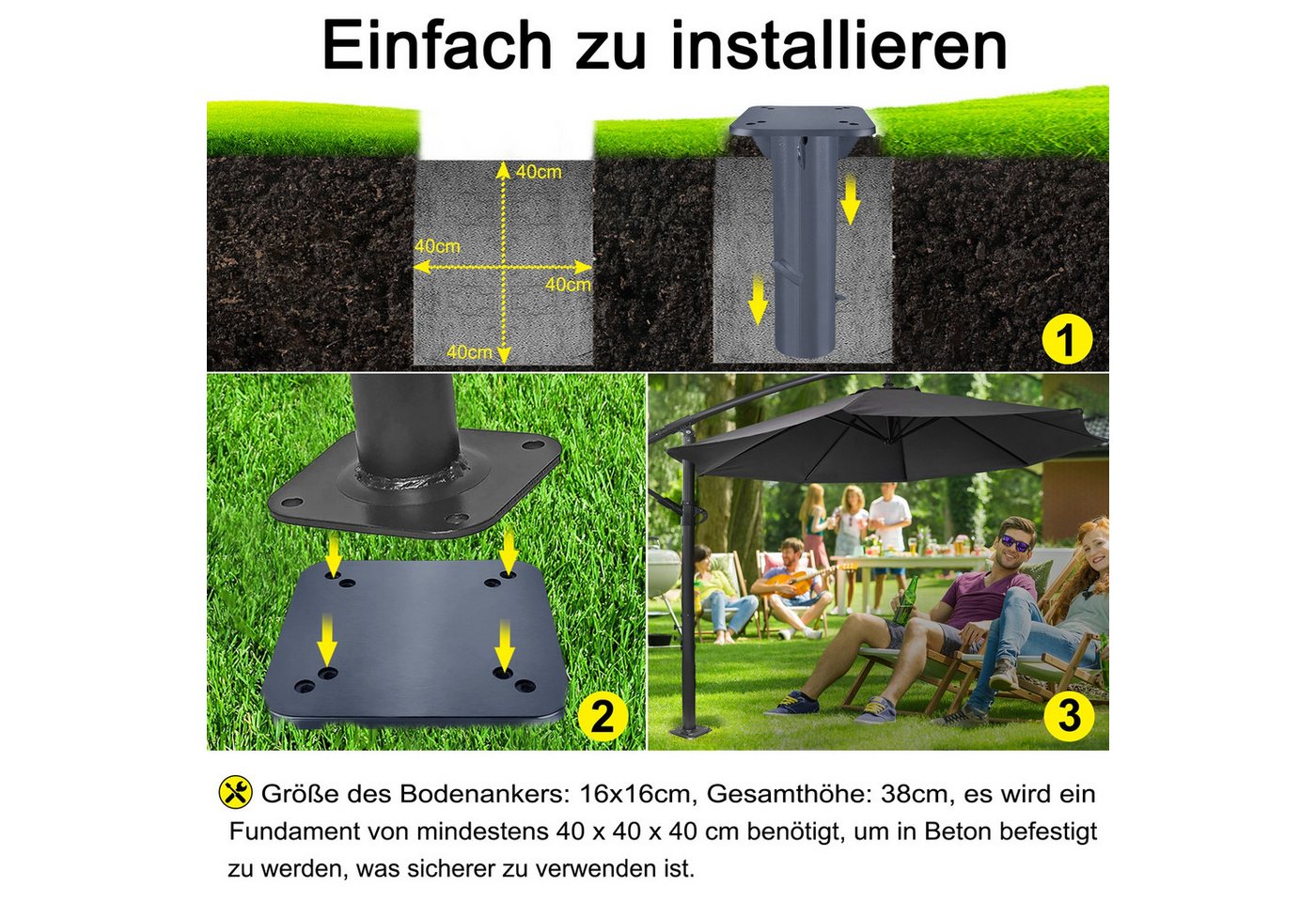 FIVMEN Schirmhalter Metall Universal Bodenplatte Schirmständer für Sonnenschirm,Dunkelgrau – Bild 3 von 5