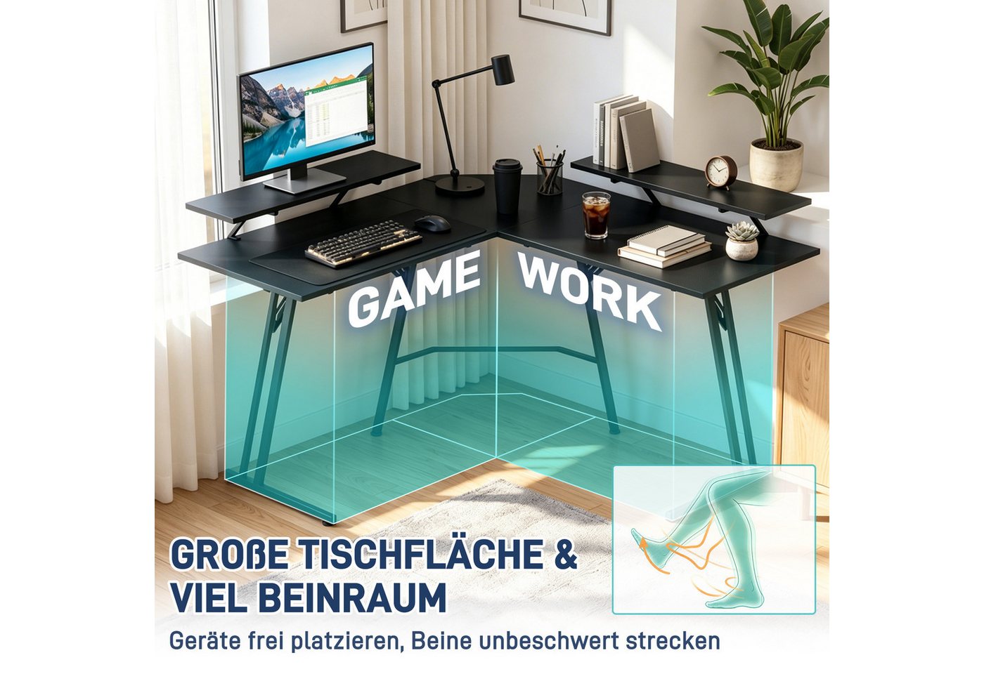 FIVMEN Schreibtisch Computertisch Gaming Tisch L-Frame PC Schreibtisch mit Tischplatte (1 Tisch), Gaming Schreibtisch inkl. Schwarze Kohlefaser für zu Hause/Bür – Bild 3 von 5