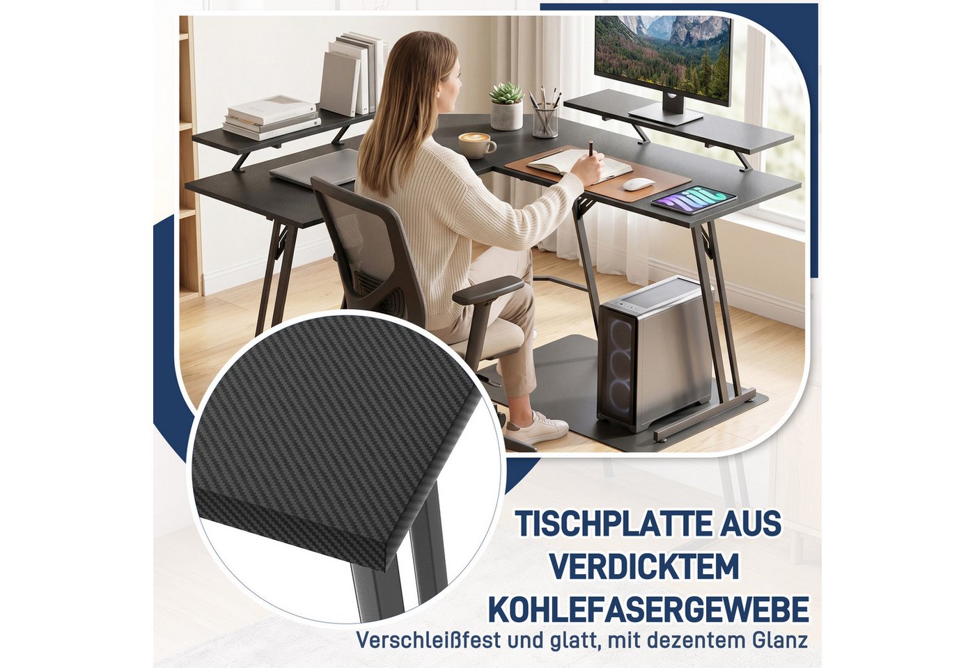 FIVMEN Schreibtisch Computertisch Gaming Tisch L-Frame PC Schreibtisch mit Tischplatte (1 Tisch), Gaming Schreibtisch inkl. Schwarze Kohlefaser für zu Hause/Bür – Bild 4 von 5