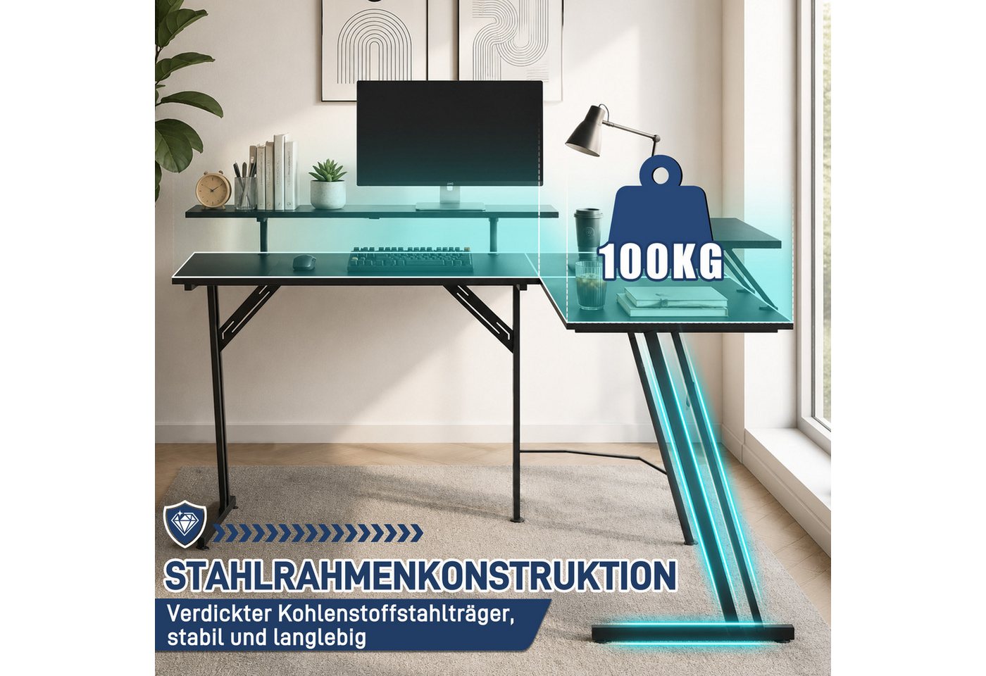 FIVMEN Schreibtisch Computertisch Gaming Tisch L-Frame PC Schreibtisch mit Tischplatte (1 Tisch), Gaming Schreibtisch inkl. Schwarze Kohlefaser für zu Hause/Bür – Bild 5 von 5