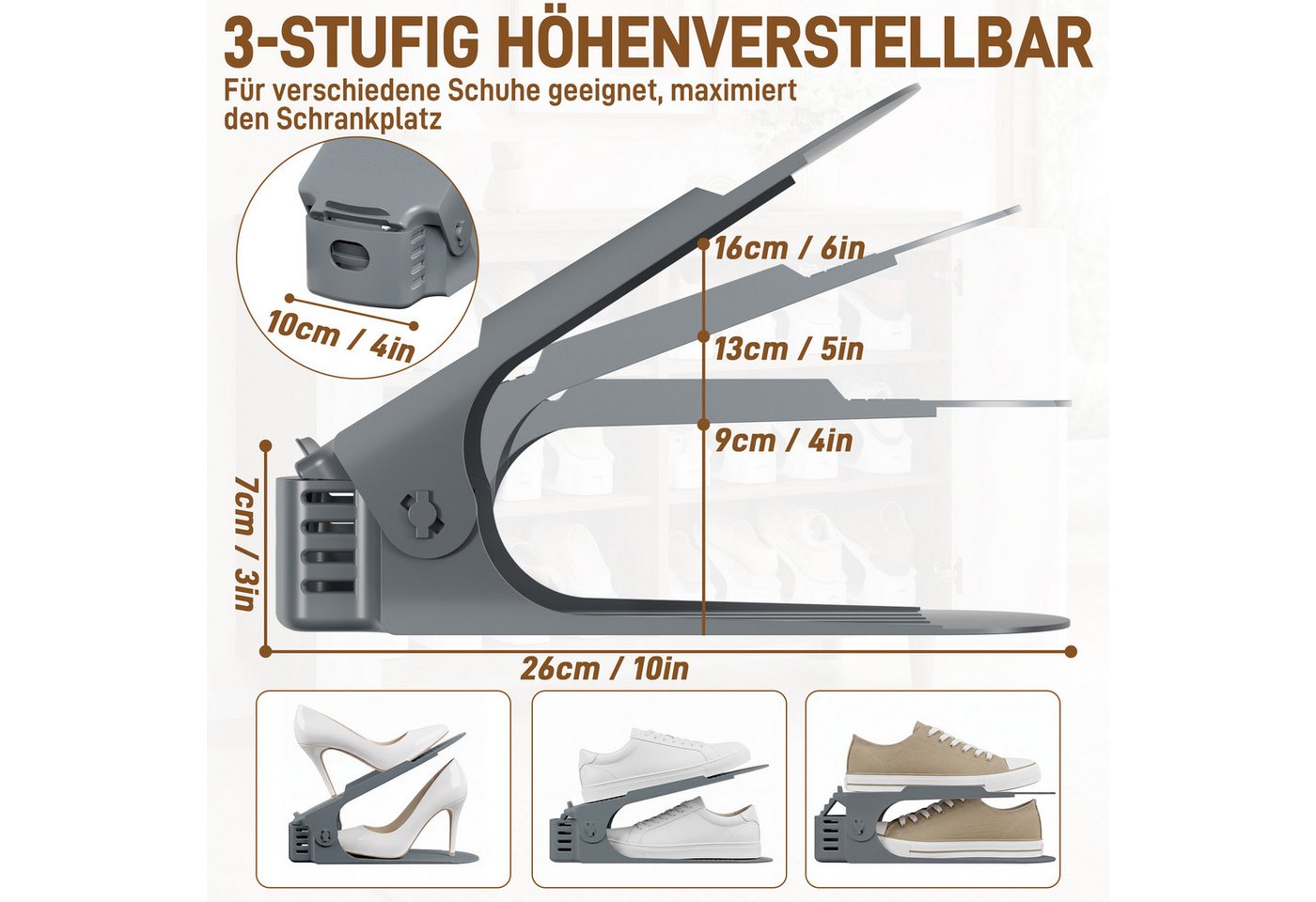 FIVMEN Schuhstapler Einstellbare Schuhregale Schuhhalter Set, 3 höhenverstellbar, Platzsparend, Weiß/Schwarz/Grau – Bild 2 von 5