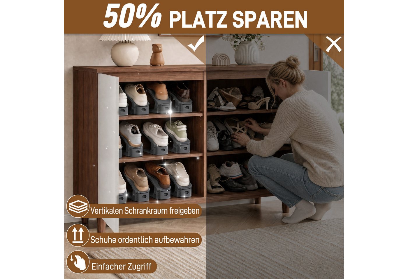 FIVMEN Schuhstapler Einstellbare Schuhregale Schuhhalter Set, 3 höhenverstellbar, Platzsparend, Weiß/Schwarz/Grau – Bild 3 von 5