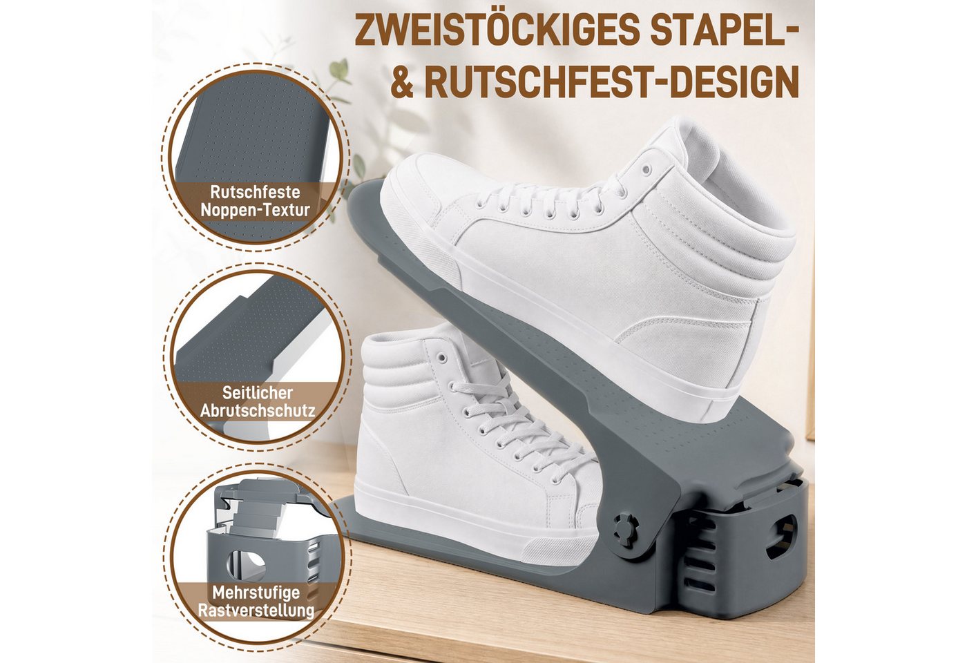 FIVMEN Schuhstapler Einstellbare Schuhregale Schuhhalter Set, 3 höhenverstellbar, Platzsparend, Weiß/Schwarz/Grau – Bild 4 von 5