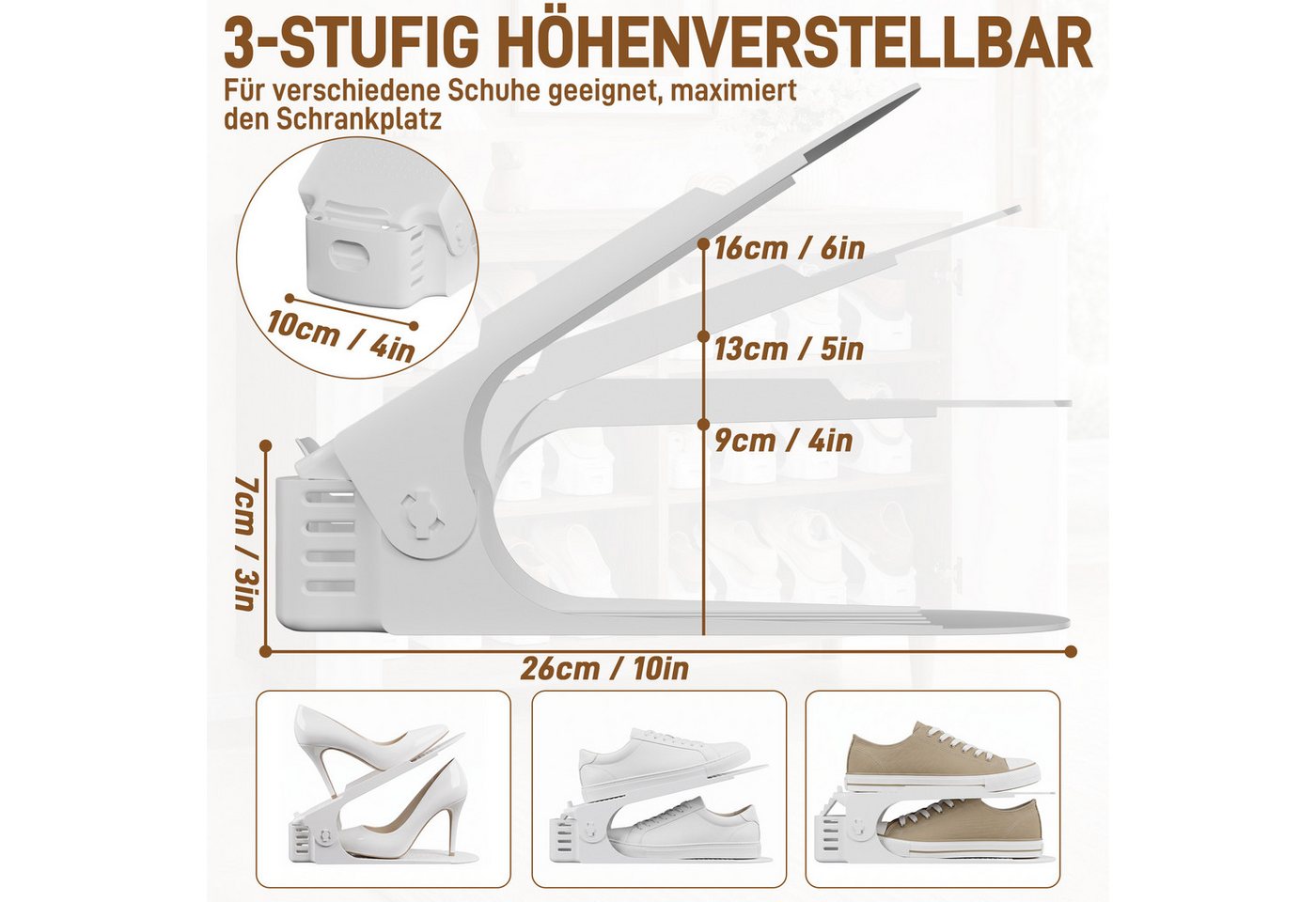 FIVMEN Schuhstapler Einstellbare Schuhregale Schuhhalter Set, 3 höhenverstellbar, Platzsparend, Weiß/Schwarz/Grau – Bild 2 von 5