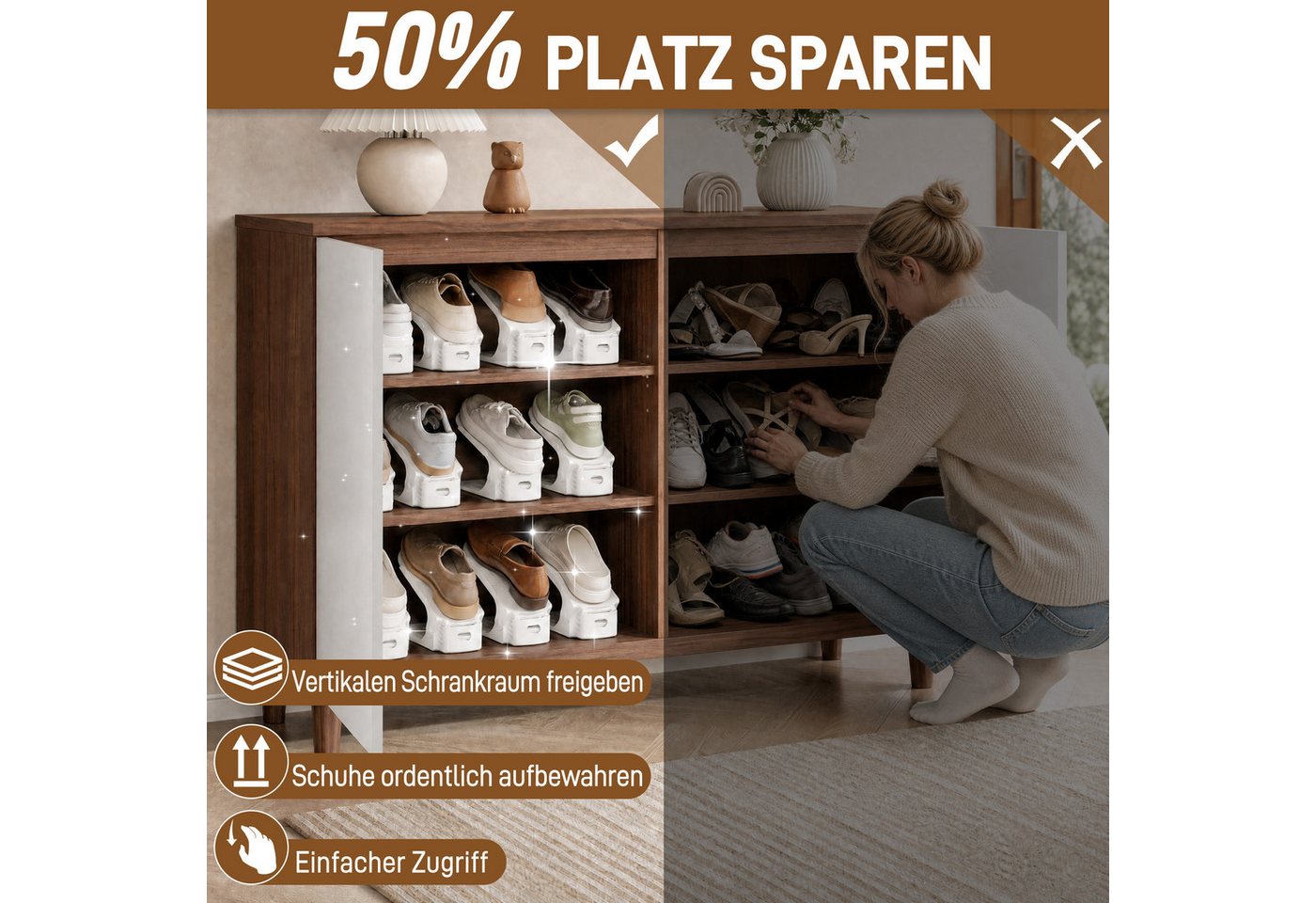 FIVMEN Schuhstapler Einstellbare Schuhregale Schuhhalter Set, 3 höhenverstellbar, Platzsparend, Weiß/Schwarz/Grau – Bild 4 von 5