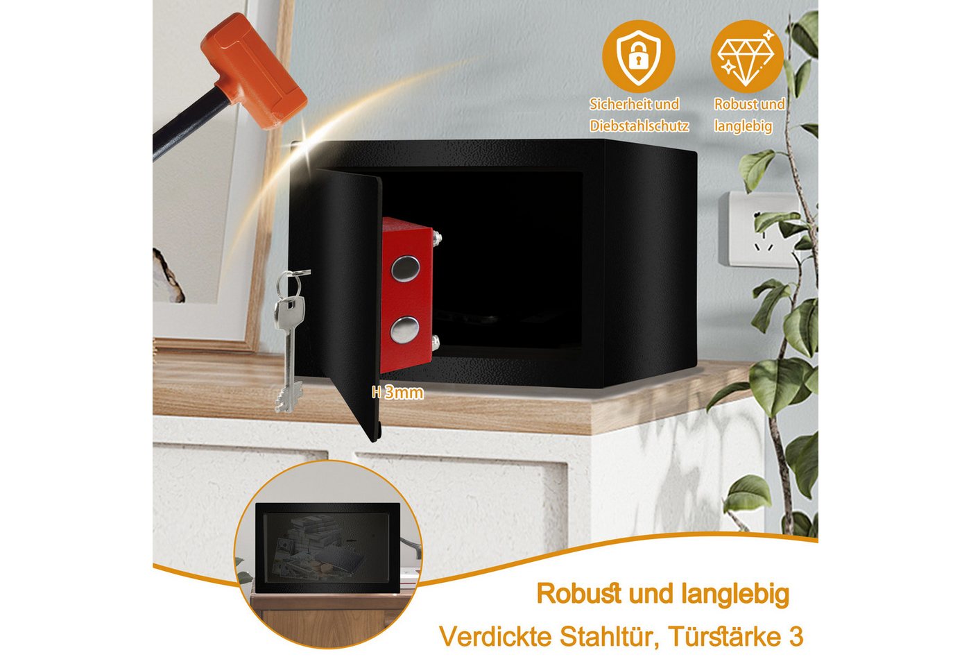 FIVMEN Tresor Safe Möbeltresor mit Doppelbartschloss Wandtresor Büroschränke (31 x 20 x 20cm / 35 x 31 x 50cm), Aufhängbar, mit 2 Schlüssel, Für Wohnwagen Schrä – Bild 3 von 5