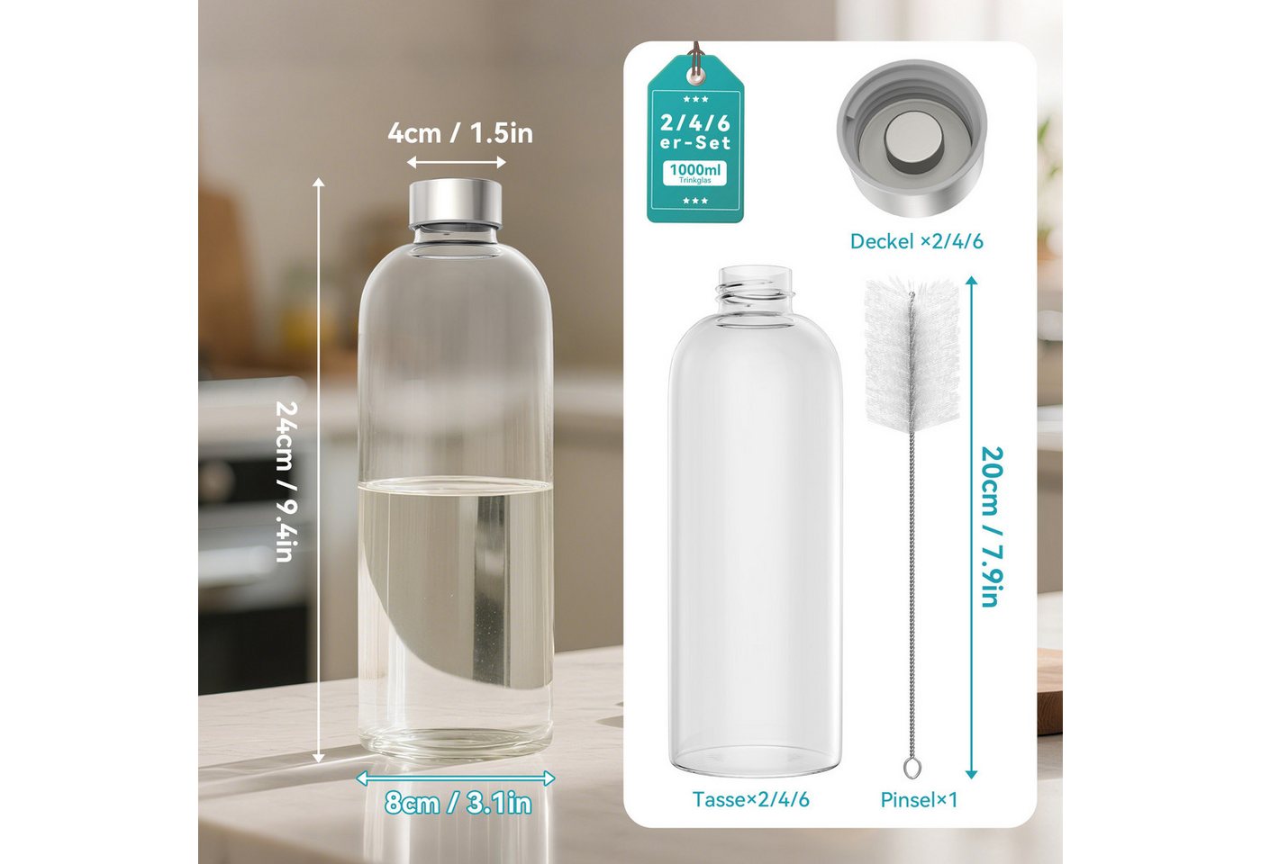 FIVMEN Trinkflasche luftdichte Glaswasserflasche 1000ml mit Edelstahldeckel, 2/4/6 Stück Saftflaschen Set inkl. Reinigungsbürste für Wasser, Saft – Bild 2 von 5