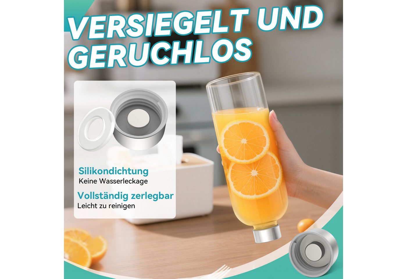 FIVMEN Trinkflasche luftdichte Glaswasserflasche 1000ml mit Edelstahldeckel, 2/4/6 Stück Saftflaschen Set inkl. Reinigungsbürste für Wasser, Saft – Bild 3 von 5