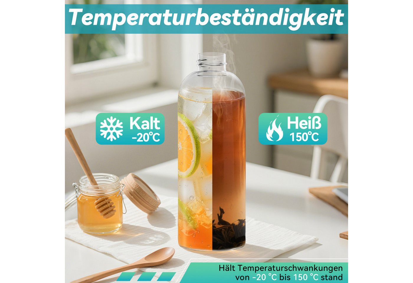 FIVMEN Trinkflasche luftdichte Glaswasserflasche 1000ml mit Edelstahldeckel, 2/4/6 Stück Saftflaschen Set inkl. Reinigungsbürste für Wasser, Saft – Bild 4 von 5
