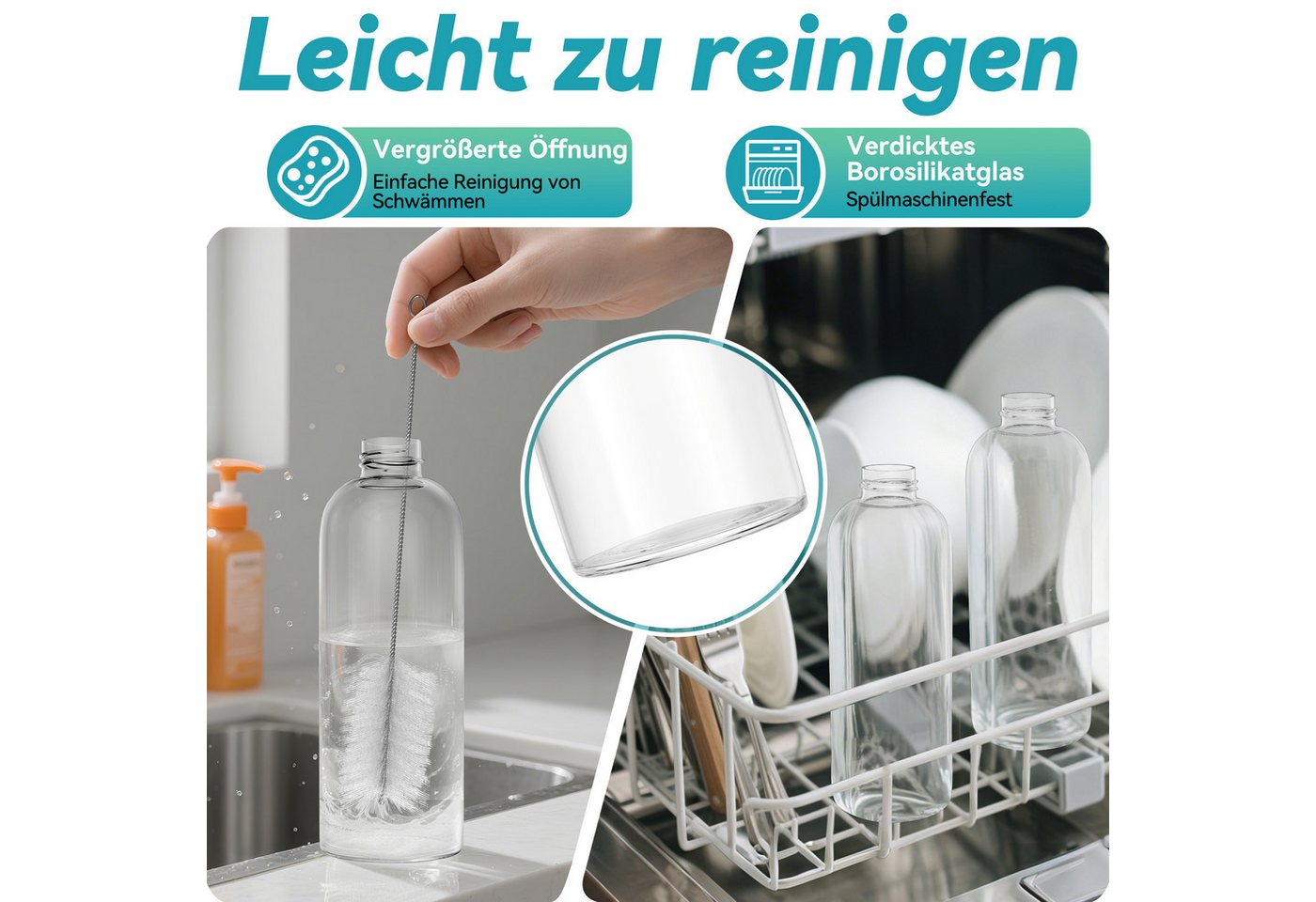 FIVMEN Trinkflasche luftdichte Glaswasserflasche 1000ml mit Edelstahldeckel, 2/4/6 Stück Saftflaschen Set inkl. Reinigungsbürste für Wasser, Saft – Bild 5 von 5