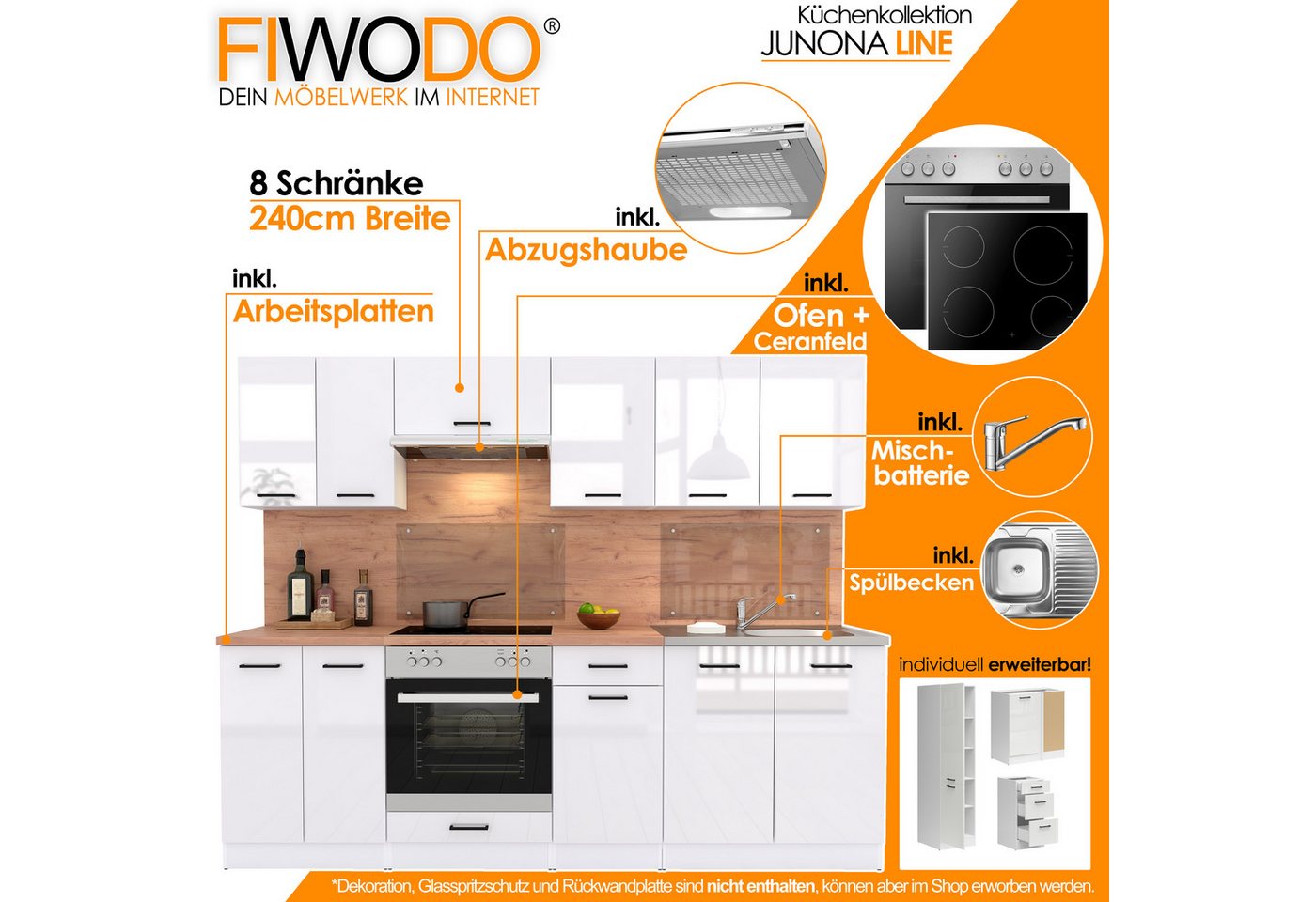 FIWODO.de - Dein Möbelwerk im Internet Küche Küchenzeile 240cm mit Elektrogeräten komplett Spülbecken Arbeitsplatte, (Set), mit E-Geräten, Breite 240cm, mit Spü – Bild 2 von 5