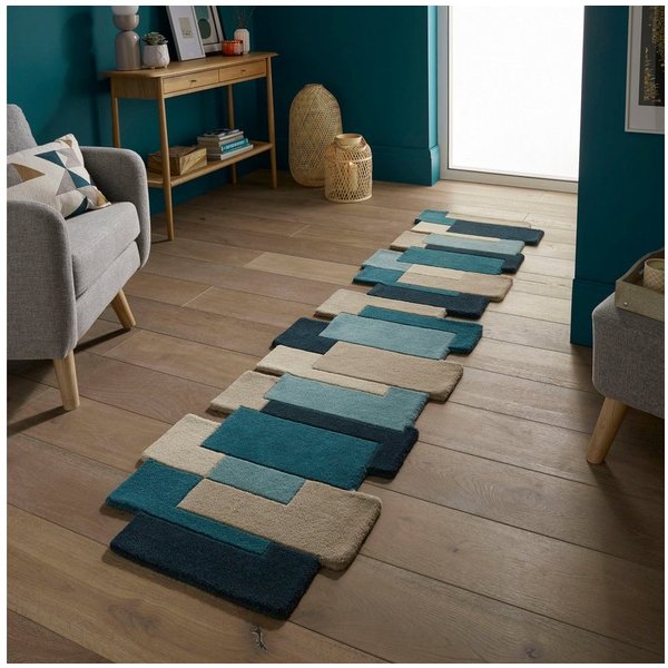 FLAIR RUGS Läufer Abstract Collage, 100% Wolle, Karo Design, rechteckig, Höhe: 11 mm, Patchwork, modern, mehrfarbig, Läufer, Wohnzimmer, Flur, Schlafzimmer