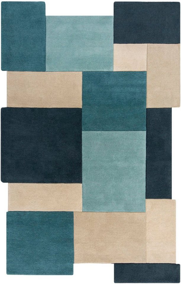 FLAIR RUGS Wollteppich Abstract Collage, 100% Wolle, rechteckig, Höhe: 11 mm, Karo Design, Patchwork, modern, mehrfarbig, Wohnzimmer, Schlafzimmer – Bild 2 von 5