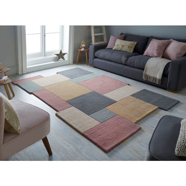 FLAIR RUGS Wollteppich Abstract Collage, 100% Wolle, rechteckig, Höhe: 11 mm, Karo Design, Patchwork, modern, mehrfarbig, Wohnzimmer, Schlafzimmer