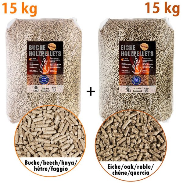 Flameup Holzpellets Eiche Buche Pellets je 15 kg Grill Smoker Pizzaofen Rauch BBQ Grillen, 30 kg