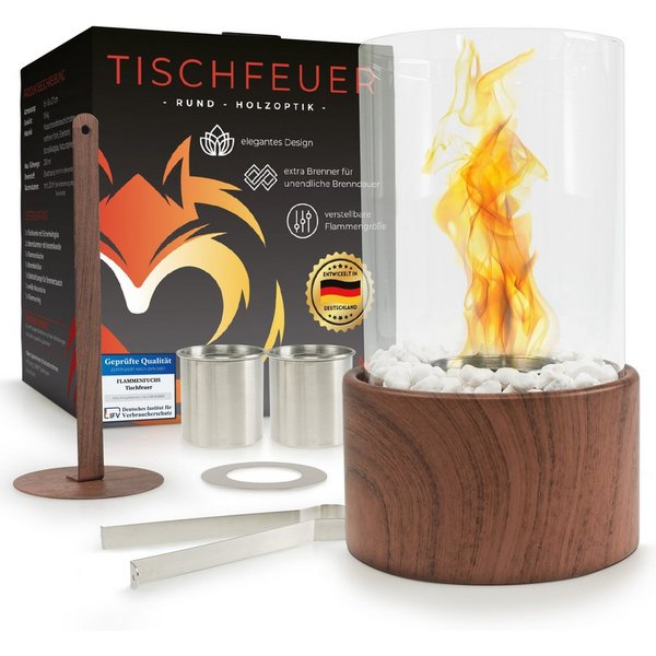 Flammenfuchs Tischfeuer in edler Holzoptik, Bio-Ethanol Tischkamin, Verstellbare Flammengröße, Ersatzbrenner für unendliche Brenndauer