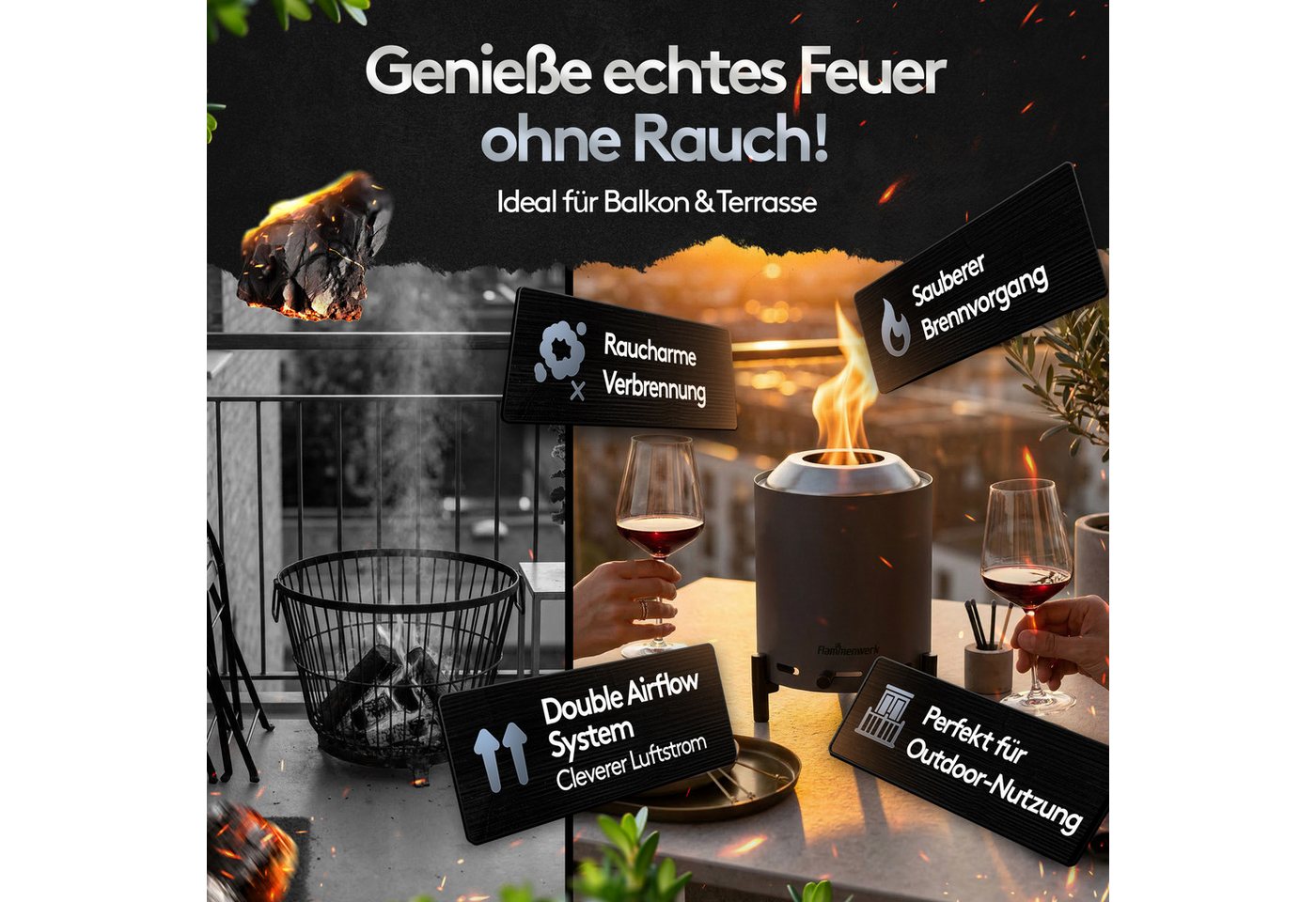 Flammenwerk Tischfeuer Ø16,5 cm für Pellets & Holz mit regelbarer Flamme und Tragetasche (Perfekt für Balkon, Terrasse & Camping, 1-St), Outdoor Flammenfeuer – Bild 2 von 5