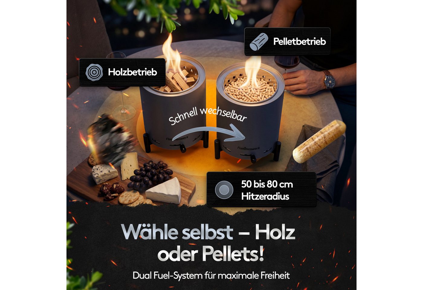 Flammenwerk Tischfeuer Ø16,5 cm für Pellets & Holz mit regelbarer Flamme und Tragetasche (Perfekt für Balkon, Terrasse & Camping, 1-St), Outdoor Flammenfeuer – Bild 3 von 5