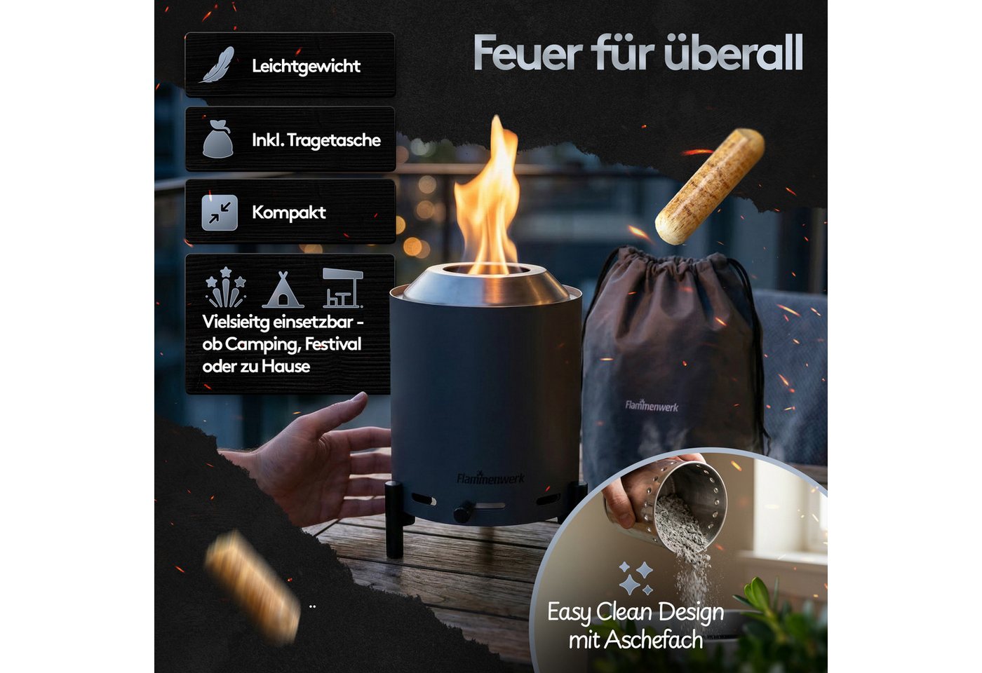 Flammenwerk Tischfeuer Ø16,5 cm für Pellets & Holz mit regelbarer Flamme und Tragetasche (Perfekt für Balkon, Terrasse & Camping, 1-St), Outdoor Flammenfeuer – Bild 4 von 5