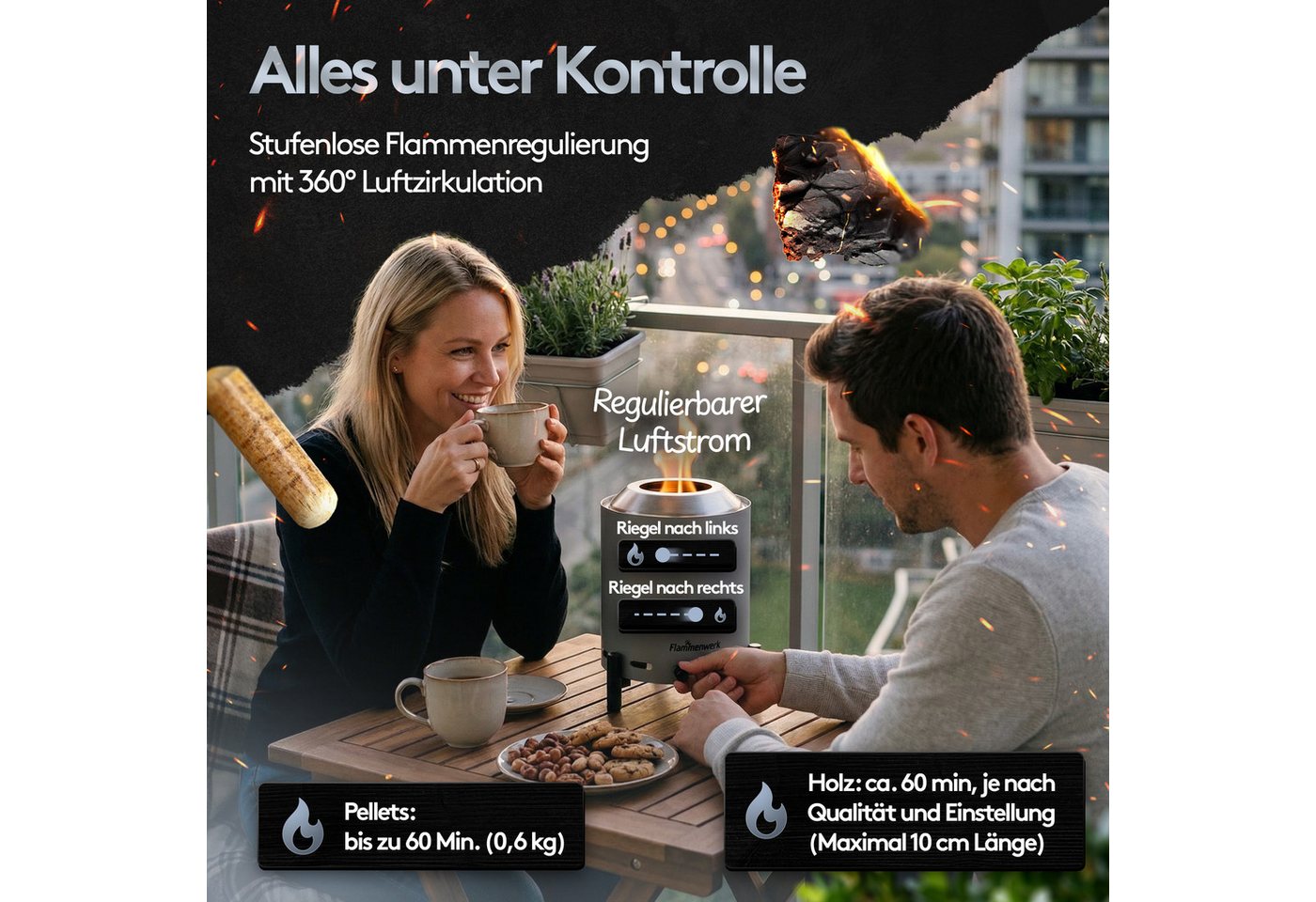 Flammenwerk Tischfeuer Ø16,5 cm für Pellets & Holz mit regelbarer Flamme und Tragetasche (Perfekt für Balkon, Terrasse & Camping, 1-St), Outdoor Flammenfeuer – Bild 5 von 5